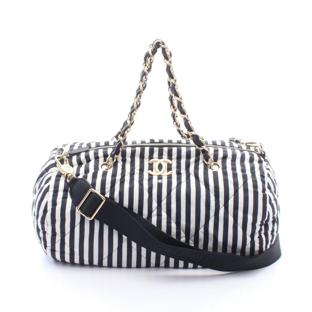 Chanel Coco Mark Bowling Bag, Striped, 2-Way Handbag, Nylon Leather, Women's,...